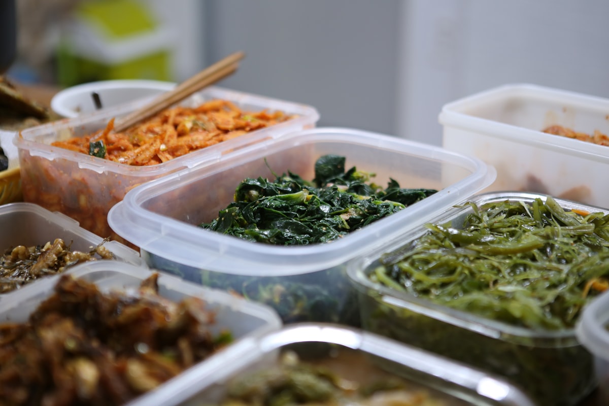 Colorful prepared meals in glass containers for the week